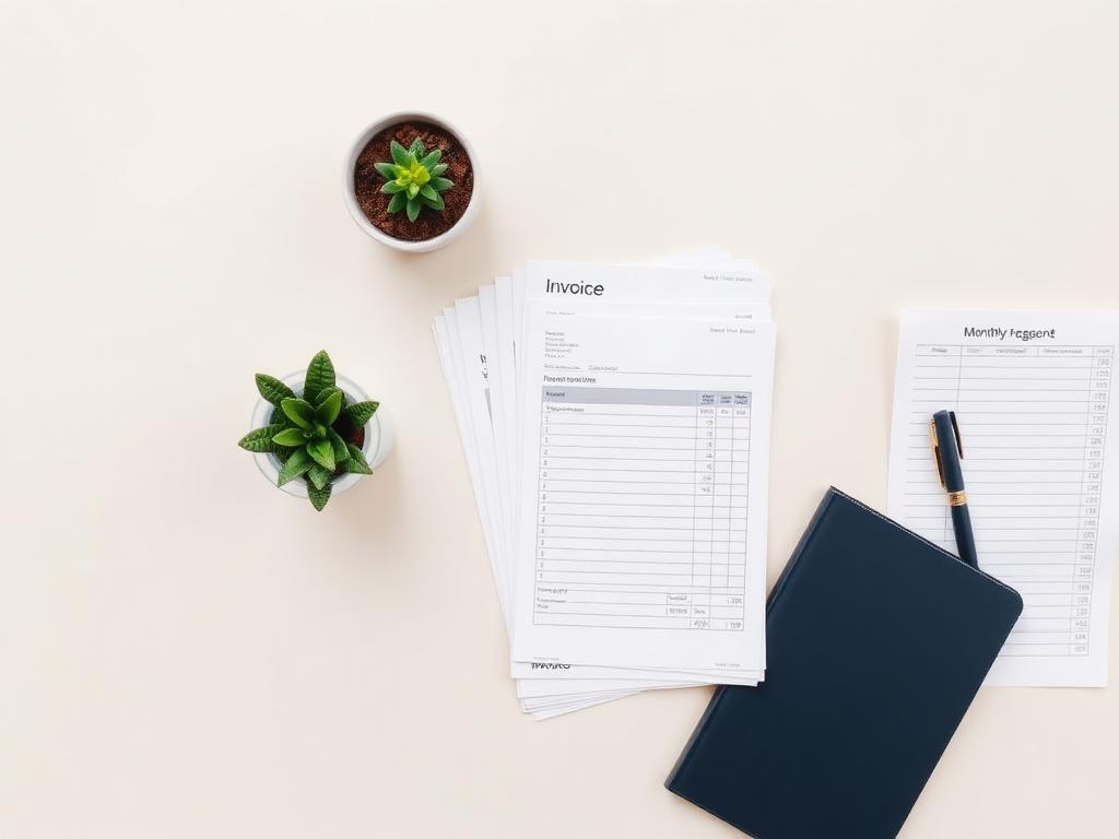 Tidy workspace with invoices and a small plant