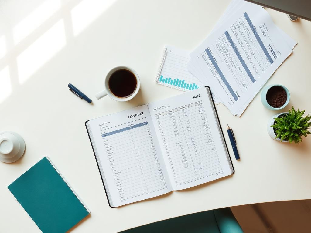 Open ledger book with reports and coffee on a cream desk
