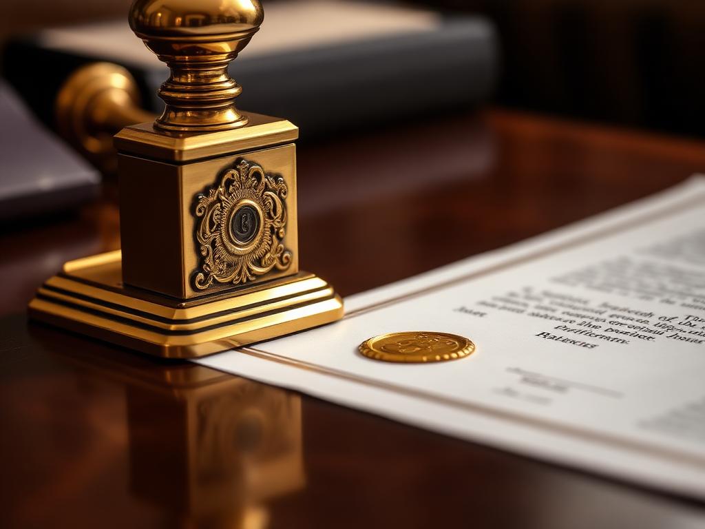 Brass notary embosser with golden wax seal on a document
