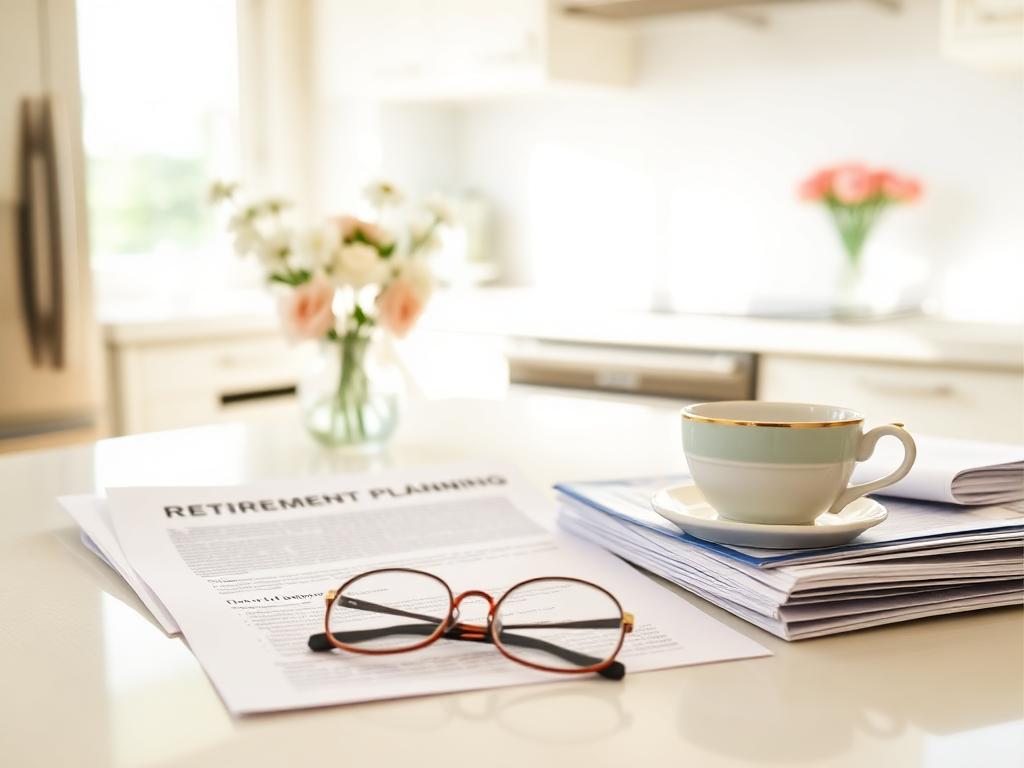 Retirement financial paperwork in a sunny kitchen