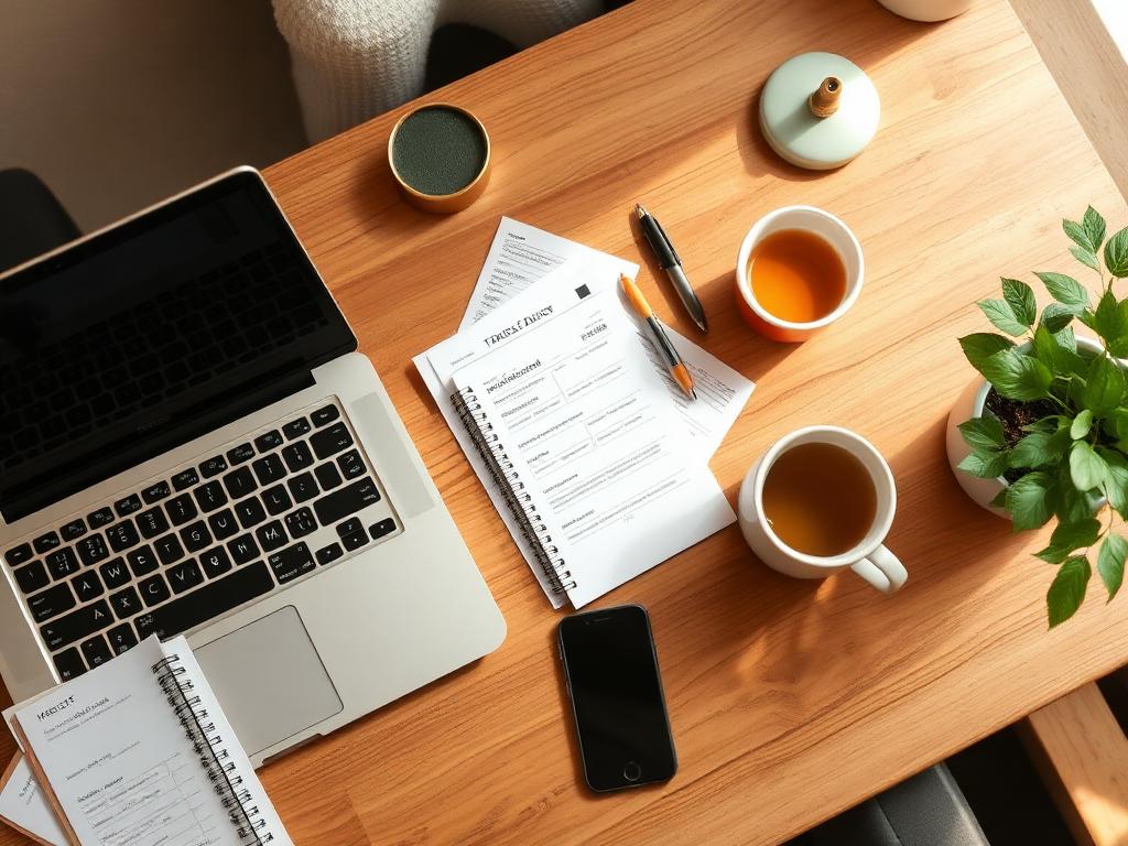 Freelancer workspace with laptop and receipts