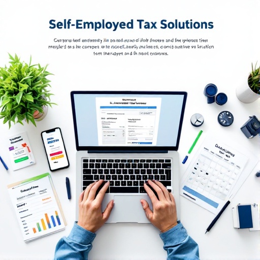 Comprehensive tax services for self-employed professionals with laptop, tax forms, and business analytics tools
