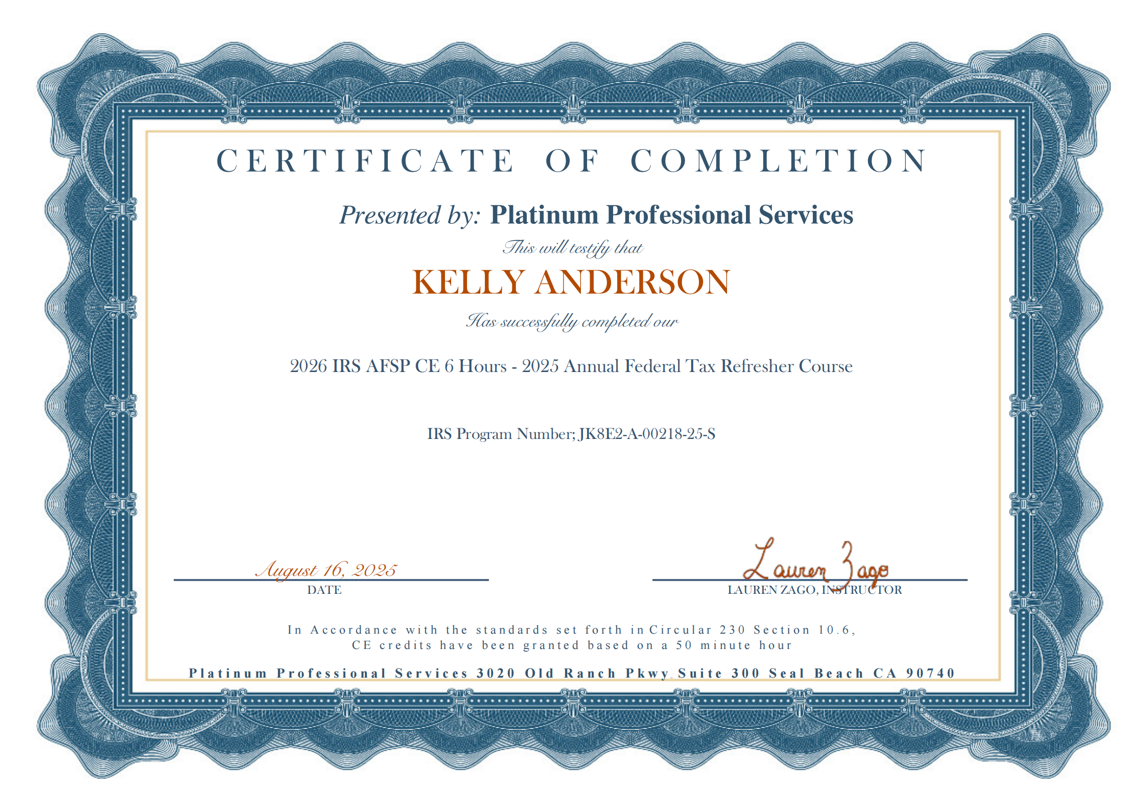Certificate of Completion IRS AFTR Course